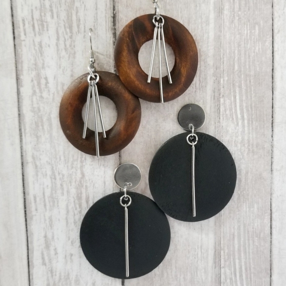 TWO Pair of Boho Wood Earrings - Picture 1 of 4